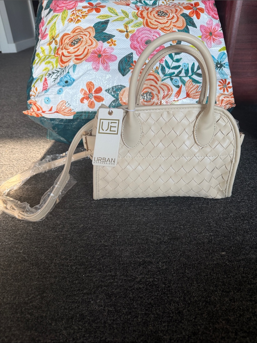Urban Expressions Cream Woven Satchel with Top Handles and Strap